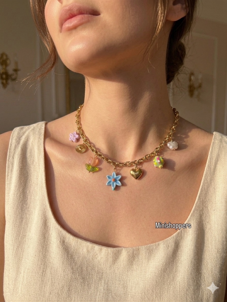 Beach heart flower charm necklace