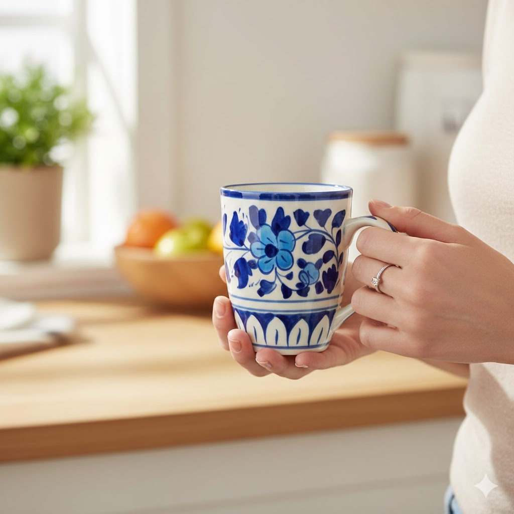 Hand-Painted Blue Pottery Coffee Mug - Image 7