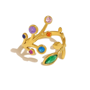 Multi Color Crystal Tree Branch Stainless Steel Ring