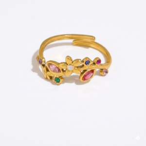 Multi Color Crystal Floral Stainless Steel Ring