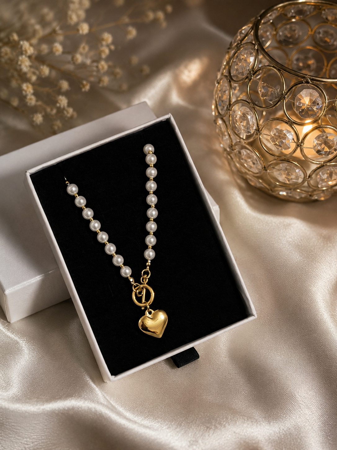 Coated Heart stainless steel pearl necklace