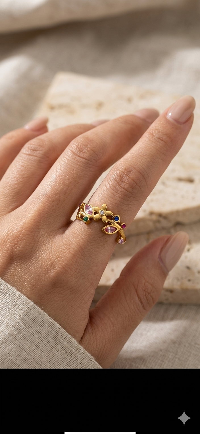 Multi Color Crystal Floral Stainless Steel Ring - Image 2