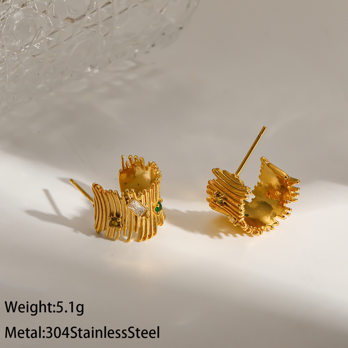 Stainless hammered stud rhinestone earrings