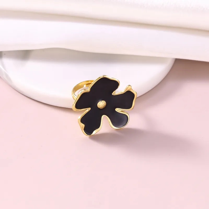 Dainty Black Enamel Floral Open Ring