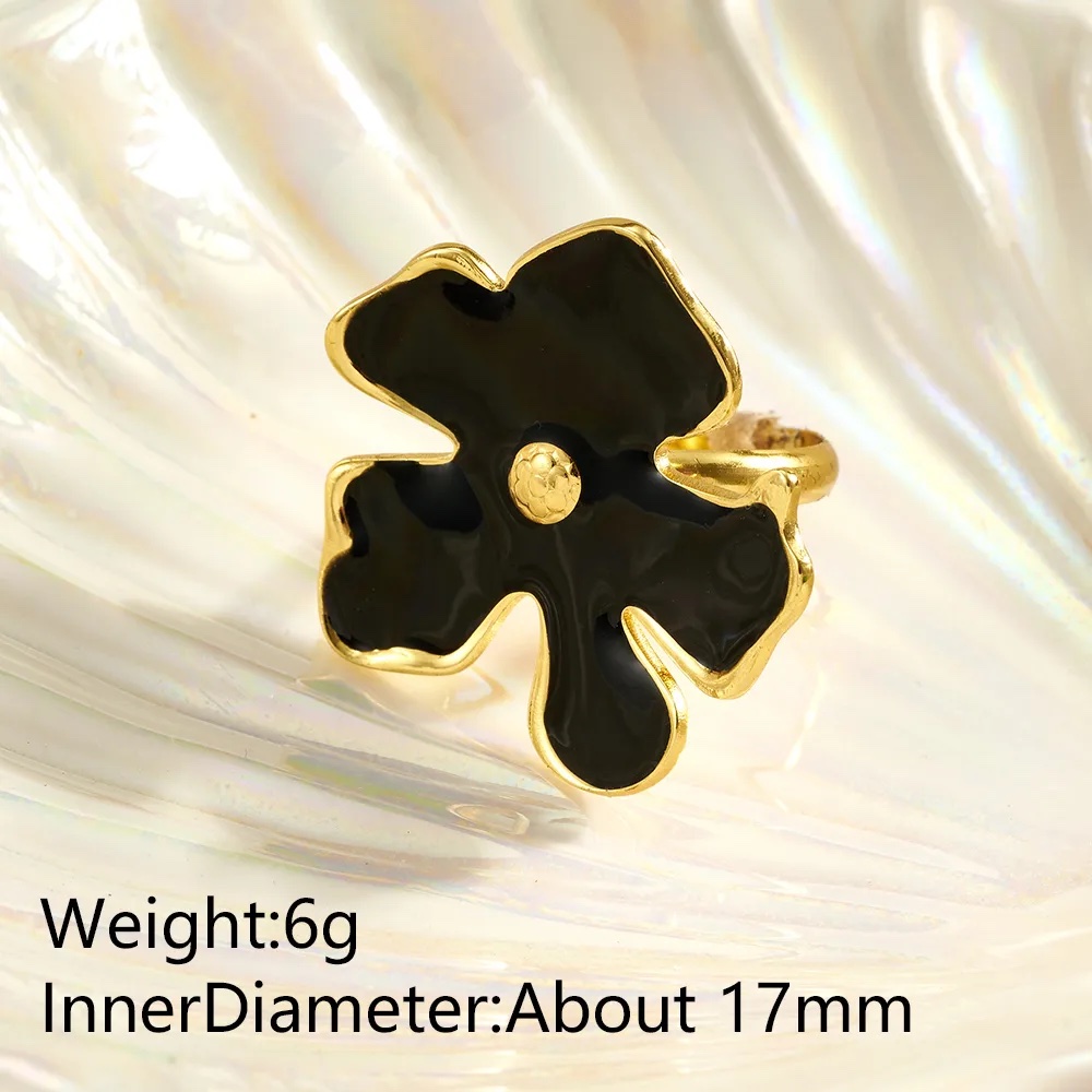 Dainty Black Enamel Floral Open Ring - Image 3