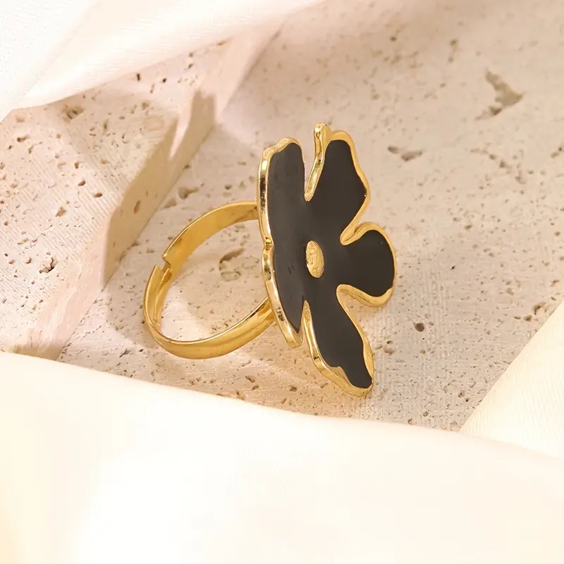 Dainty Black Enamel Floral Open Ring - Image 2