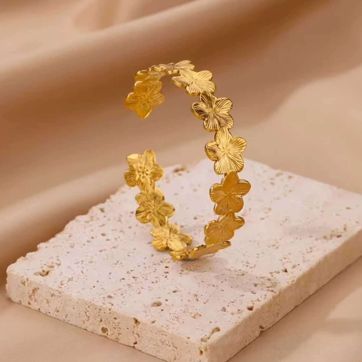Chunky Gold Flower Open Bangle - Image 2