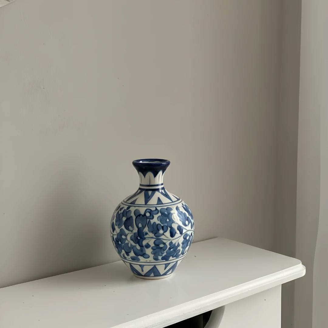 Hand-Painted Blue Pottery 6-Inch Ceramic Vase