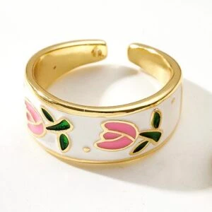 Enamel Tulips gold plated copper ring